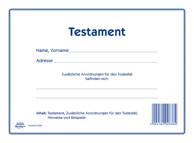 Avery Zweckform Vordruck Testament Set weiß 220x163 1 Stück Formular